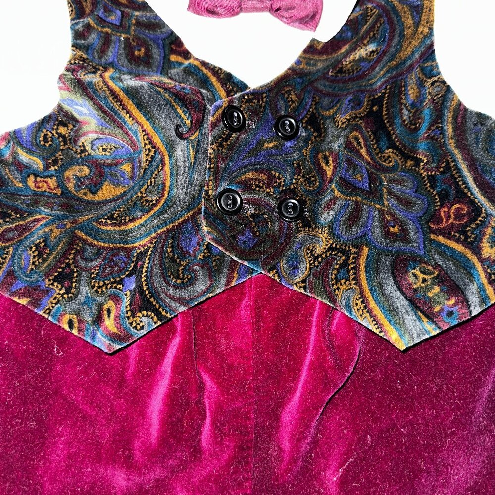 6/9 Months Vintage Baby Boys Romper VEST velvet BOW TIE CHRISTMAS